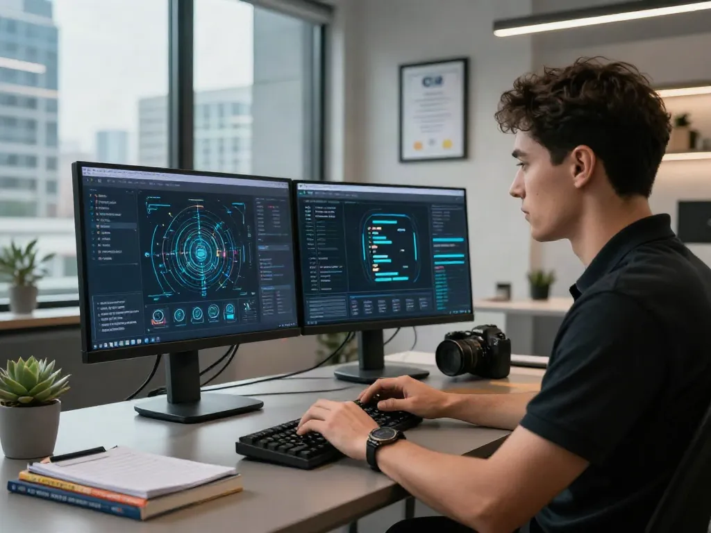 Professional cybersecurity expert analyzing pecah404 data alerts in a modern office