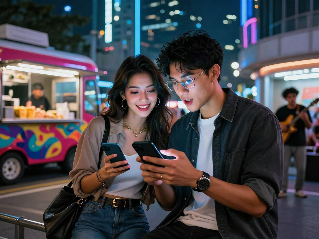 AI chat NSFW interaction in urban nightlife, stylish couple using smartphone with neon lights.